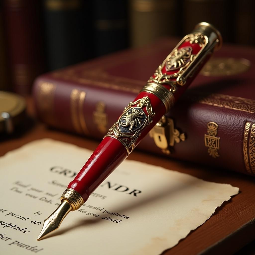 Gryffindor house fountain pen with a griffin emblem. The pen is ornate and luxurious, placed on an old book. The setting is warm and inviting, with rich colors.