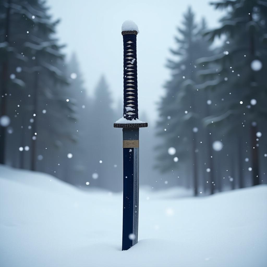 Katana sword standing upright in snow during hailstorm. Dark blue blade with white snow on handle. Swaying snowflakes and foggy forest in background.