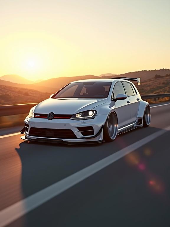 Volkswagen Golf Mk 3 in ice white speeding down German autobahn during golden hour, lowered stance, aggressive widebody tuning, hyper-realistic 3D rendering using Unreal Engine and Octane, 8K display, showcasing car's angular profile.