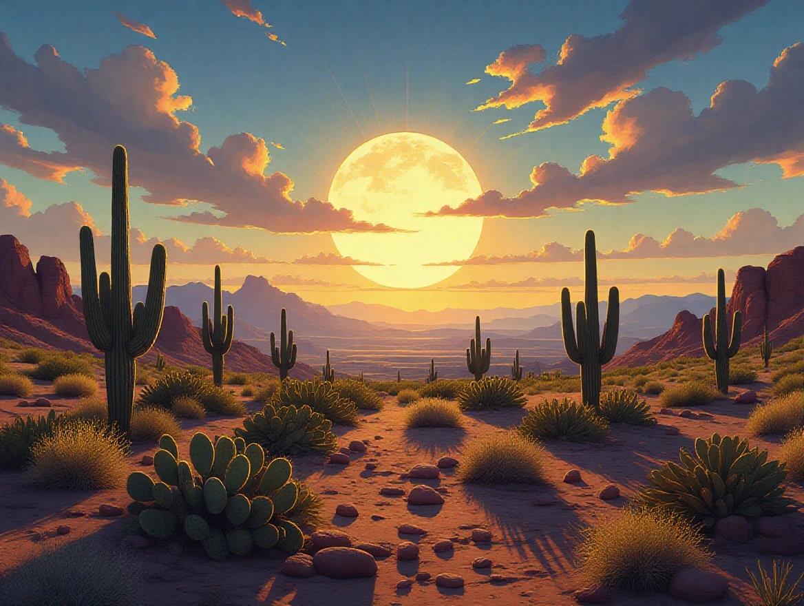 Dramatically lit desert landscape with long shadows from cacti. Oversized sun descends at center, casting hues across the sky. Lighting and composition reference European Renaissance and Baroque art, evoking styles of da Vinci and Rubens.