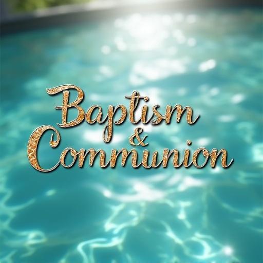 Photograph of the phrase 'Baptism & Communion' in elegant typography. Bold capital lettering and flowing script fonts. Centered text with illumination. Blurred background of turquoise water with gentle ripples. Soft sunlight filtering through water creates highlights. Evokes serenity and reverence with shallow depth of field.