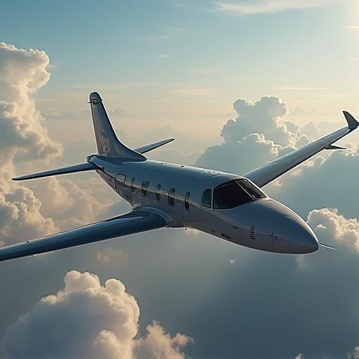 Hyper-realistic image of a jet airplane flying above fluffy clouds. The scene captures the elegance of aviation in a serene sky setting.