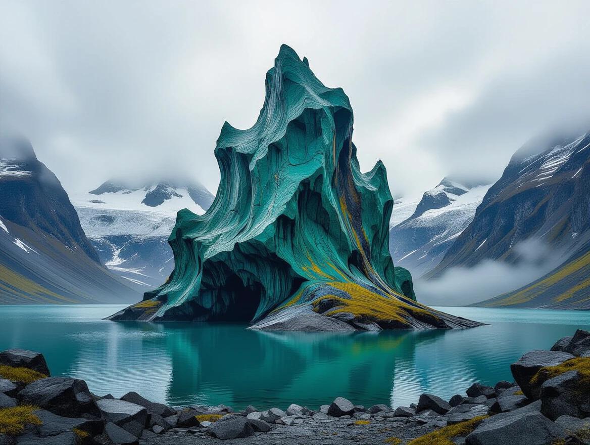 A sculptural oil painting resembling a colossal formation rising from a lake. Complex shapes with dark paint illuminated by light. Vibrant colors create an awe-inspiring scene of nature. Misty atmosphere adds depth to the artwork.