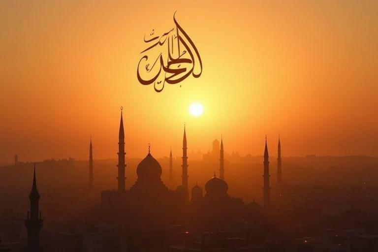 Sunset over Medina. Soft golden light shines. Arabic calligraphy in the sky displays 'Insaaf, Sadaqat, Islam'. Peaceful scene. Message of tranquility and reflection.