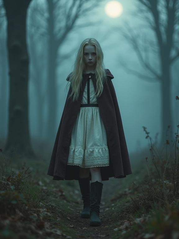 Photorealistic image of a young teen girl in a horror movie aesthetic. She is underweight with long pale blonde hair and bright red eyes. The girl stares coldly at the viewer with vampire fangs. Dressed in a knee-length white and brown traveling dress, she wears boots and a heavy traveling cloak. She walks alone in a foggy forest on a moonlit night.