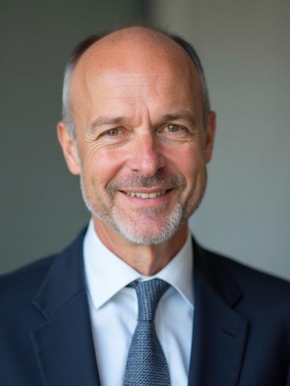 A senior business professional smiling for a corporate portrait. Focus on professionalism and confidence. Background is soft to emphasize the subject's features. The subject wears a suit and tie, presenting a polished appearance suitable for business contexts.