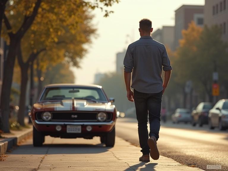 Ultra photorealistic scene. Handsome man walking on sidewalk. Classic Camaro on the sidewalk behind him.