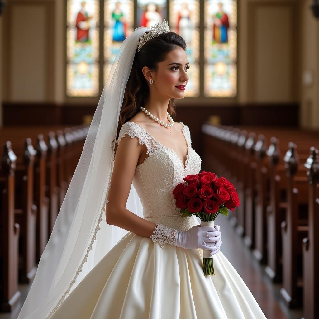 Young brunette bride in regal wedding dress with intricate embroidery and ball gown skirt. Wearing long white gloves, pearl jewelry, and fur wrap. Hair styled in an updo with lace veil. In church aisle with stained glass windows, holding red roses bouquet.