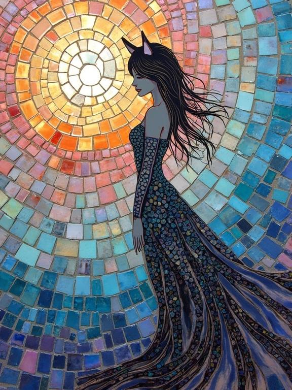 Artwork featuring an ethereal abstract figure with animal characteristics. Background of iridescent ceramic and glass tiles. Encaustic mixed media style. 