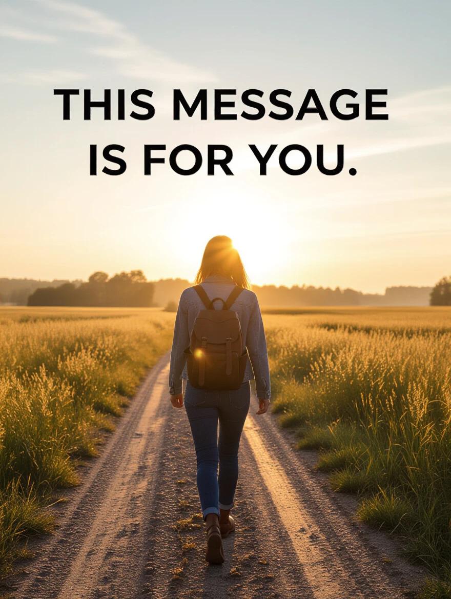 A person walks confidently down a path in a landscape at sunrise. The individual carries a small backpack. A glowing sky symbolizes new beginnings. The atmosphere is uplifting and hopeful. Text overlay space for a message.