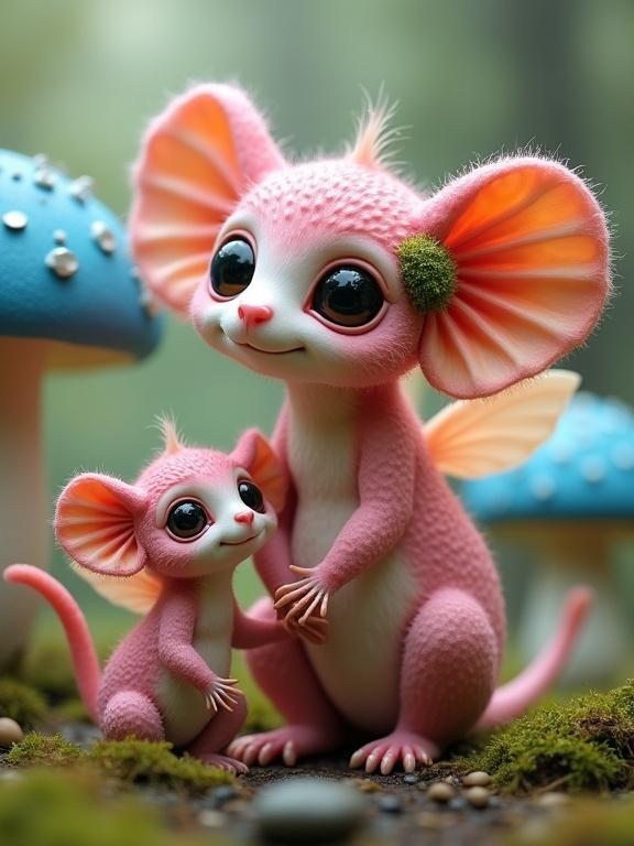 Image shows two fairy-like creatures resembling small animals and mushrooms in vibrant forest. The scene is magical and joyful with blue mushrooms nearby and soft pink flowers floating in the background. The larger creature has a moss puff on its head. The smaller creature appears curious and mimics the larger one. Soft lighting adds to the enchanting atmosphere.
