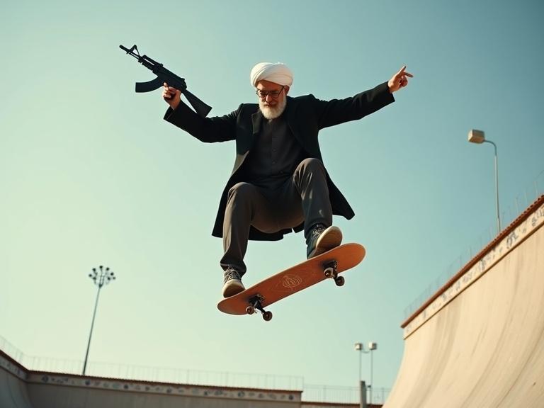 Skateboarder in flight performing stunts on a half pipe ramp with an AK-47 in hand