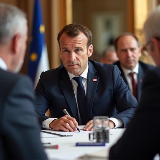 President Macron engages with mayors in a working session. Key discussions around governance and policy are taking place. The setting showcases a formal meeting atmosphere with a focus on collaboration.