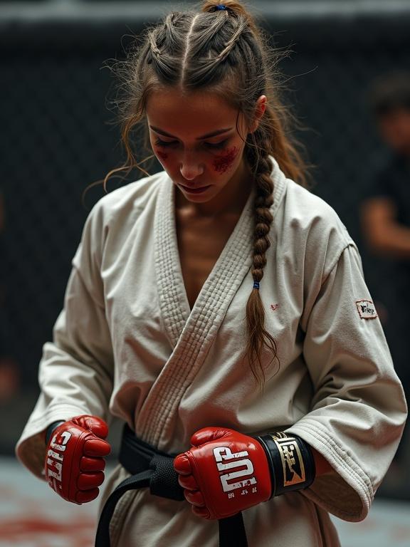 Full body image of a realistic athletic woman with cornrows hairstyle. She wears a worn-out karate gi with bloody smudges. Heavy bruises on her face show exhaustion but also focus. Her bloody fists are held up. She looks down at her defeated opponent in an MMA arena.
