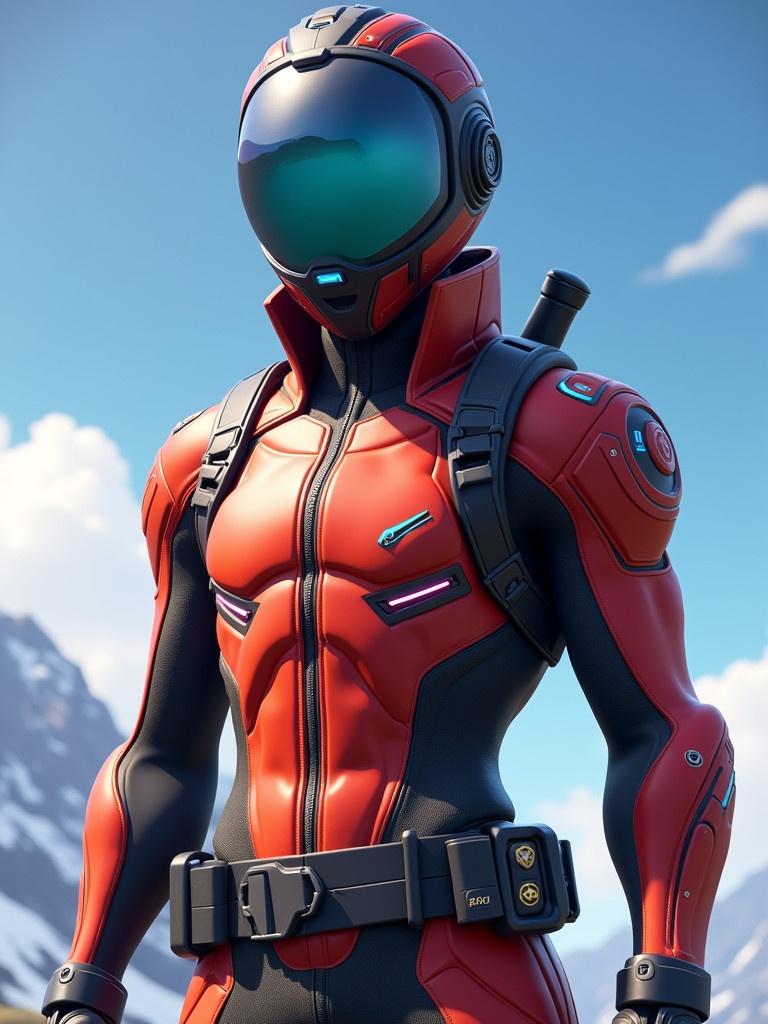 A male character from Fortnite is shown wearing a futuristic bike racer outfit. The character is designed with sleek lines and a helmet. A vibrant background features blue skies and mountain peaks.