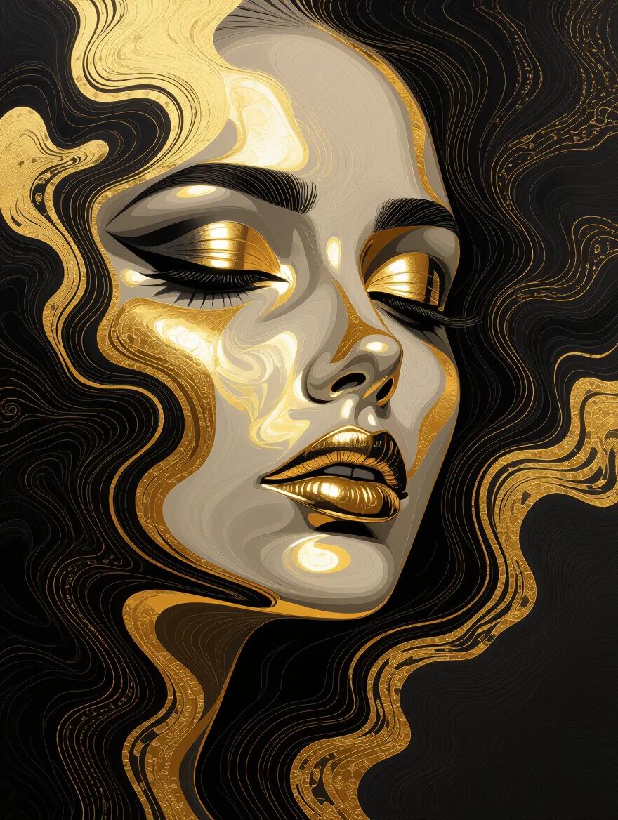 Digital art featuring an abstract design in light gold and black. Flowing patterns create an elegant and emotive composition. High detail with a poured paint effect enhances the beauty of the artwork.