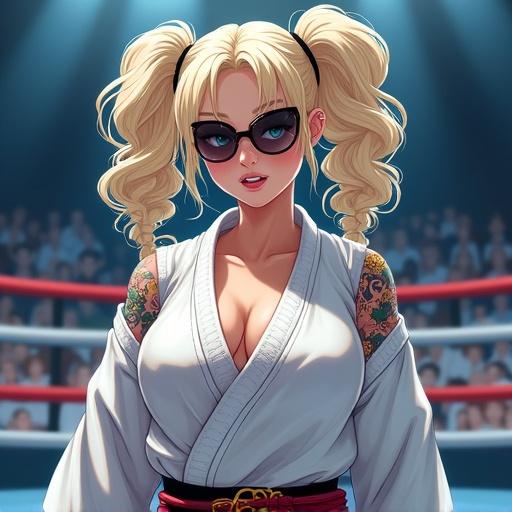 Anime woman with frosted blue eyes and large blonde pigtails. Wearing traditional judo gi in a high-tech martial arts arena. Has a violent grin and colorful tattoos. Features include piercings and sunglasses.
