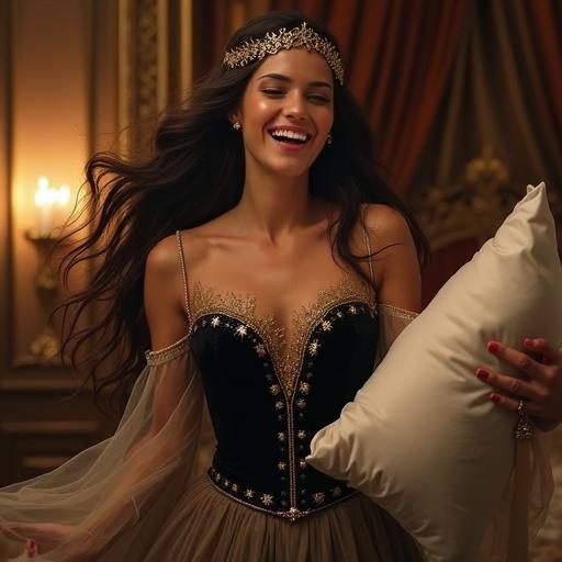 A medieval fantasy queen joyfully preparing to throw a white pillow. She is a 30-year-old woman with porcelain skin and flowing dark hair. Wearing a dark velvet bodice with golden embroidery, and a sheer waist sash. The atmosphere is dynamic with soft warm lighting. Luxurious royal bedroom in the background.