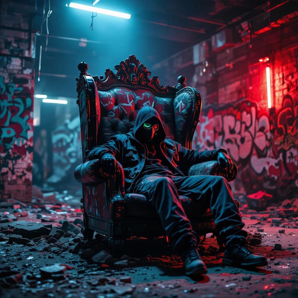 Crumbling throne in a graffiti-covered warehouse. Masked figure lounging in a powerful pose. Ambient red and blue lighting fills the scene. Gritty texture creates a rough atmosphere. A sense of powerful silence pervades the setting.