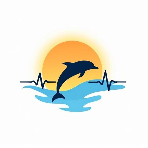 Modern logo featuring an elegant dolphin silhouette leaping across an EKG pulse line styled to suggest a wave with a sunset background. Color palette includes shades of blue for dolphin and water, vibrant orange and yellow for the sun, with a bright clear color for the EKG. Design is flat, iconic, and scalable.