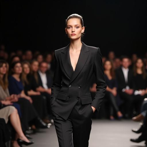 Elegant fashion scene features model in tailored suit on a runway. Audience wears formal attire, background. Soft lighting creates dramatic effect.