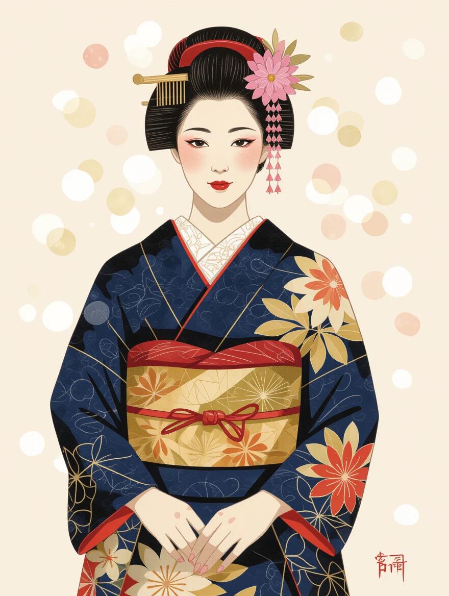 Couture fashion portrait of a woman wearing a beautiful kimono. The kimono features traditional patterns and colors. The background has a soft bokeh effect creating an elegant ambiance. The image captures the essence of Japanese culture through fashion artistry.