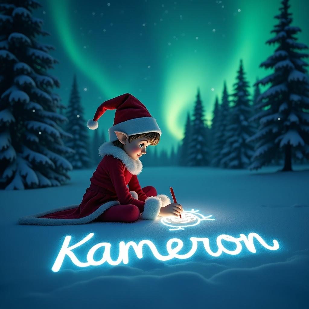 In a magical snowy landscape under the enchanting northern lights, an elf dressed in a festive red outfit is sitting in the snow. The elf is focused on writing the name 'Kameron' in elegant cursive letters, glowing softly in the night. Snow-covered evergreen trees surround the scene, enhancing the winter wonderland feel. The northern lights above cast a beautiful green hue, adding to the enchanting atmosphere. This delightful illustration captures the spirit of Christmas and the fun of the Elf on the Shelf tradition.