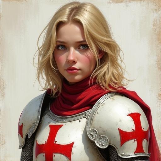 Portrait of a young female knight or paladin. Digital painting with brushstrokes and impressionistic feel. Shoulder-length blonde hair with a determined gaze. Wearing weathered light silver plate armor with bright red accents. Red templar-style crosses on pauldrons. Red fabric collar visible. Light textured background. Strong and righteous demeanor.