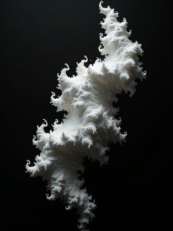 Clean detailed 3D fractal is displayed against a black background. The fractal is textured with a matte white finish. Harsh lighting enhances the intricate features of the fractal.
