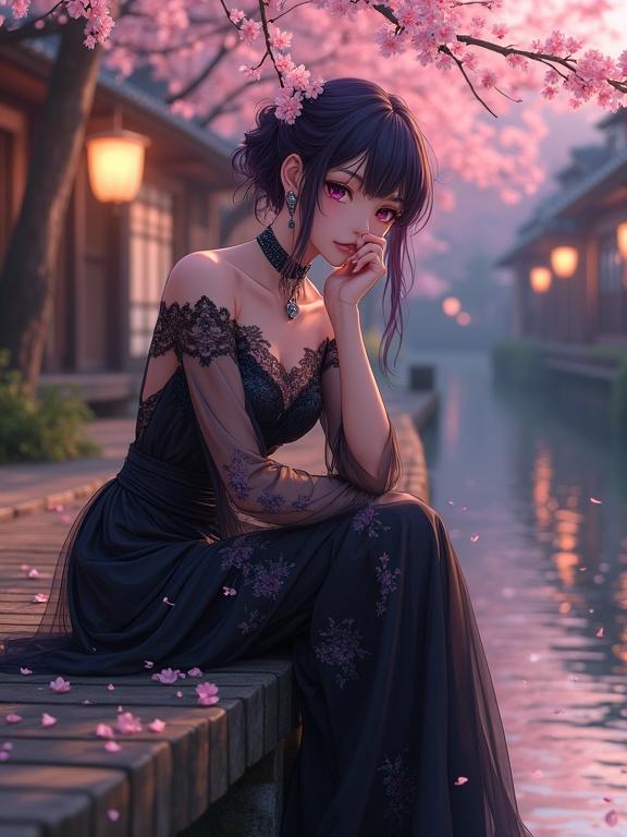 Woman with dark violet hair and eyes, seated on bench by river. Cherry blossoms overhead. Traditional Japanese townhouses are in the background. Lanterns create a warm glow. Dress made of black lace with intricate patterns. Regal pose, thoughtful expression. Anime-inspired art style.