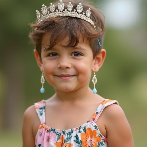 A young child with short hair wearing a floral sundress. Accessories include a tiara and dangling earrings. The scene has soft natural lighting and emphasizes childhood playfulness with a touch of elegance.