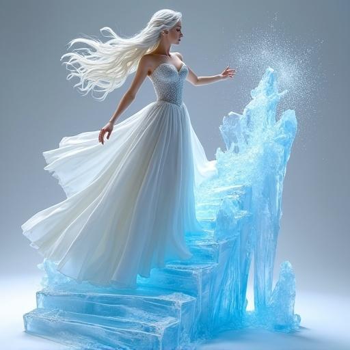 A semi-realistic resin figure features an ice sorceress descending a crystal staircase. She has long platinum-white hair and wears a shimmering white ball gown. Her flowing dress creates a dramatic effect. She casts blue ice magic with one hand, forming transparent steps. The background is softly lit to highlight her and the magical elements.