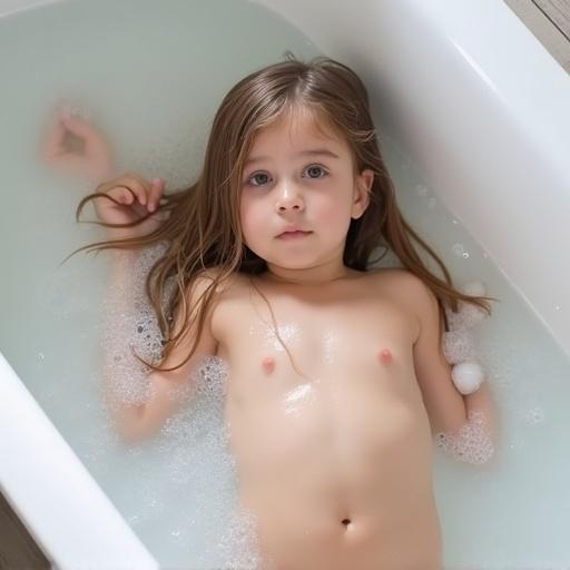 A girl lies on her back bathing in a white bathtub. Bubbles float in the water. Girl gazes at the camera. Long hair is flowing to the side. The scene is bright with natural light.