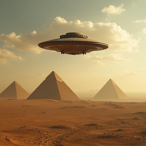 UFO hovering above pyramids in the desert. Soft warm lighting creates a mysterious atmosphere.