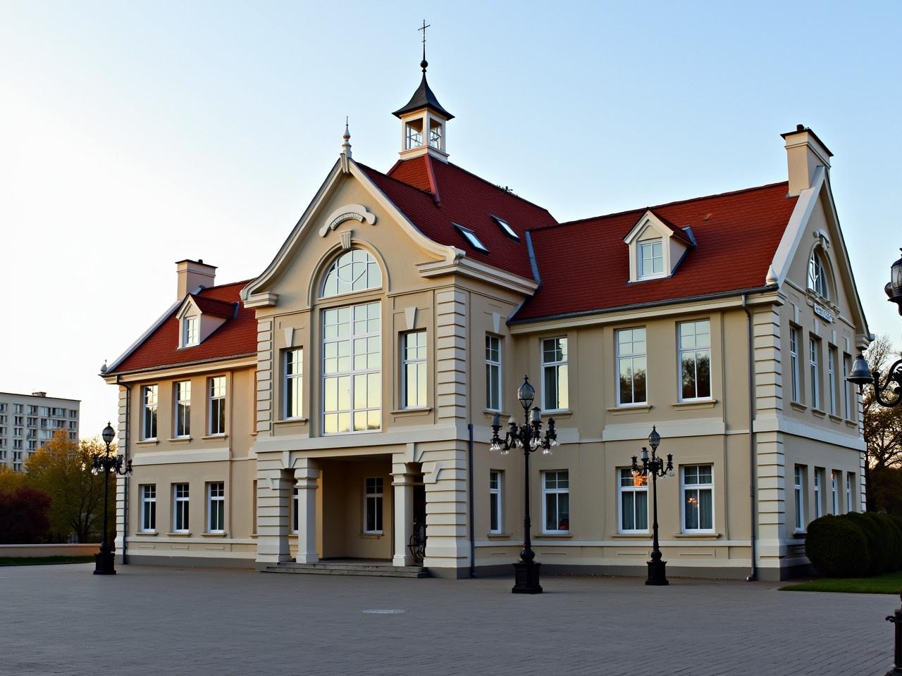 The image shows a large, beautifully designed building with a unique architectural style. The building has multiple large windows that reflect natural light, and it features detailed moldings and decorative elements. The top of the building is adorned with a red-tiled roof, giving it a classic feel. The surroundings seem to be well-paved, indicating an open area in front of it. The scene is illuminated by the soft light of the setting sun, enhancing the overall aesthetic. There are decorative street lamps visible, which add charm to the setting.