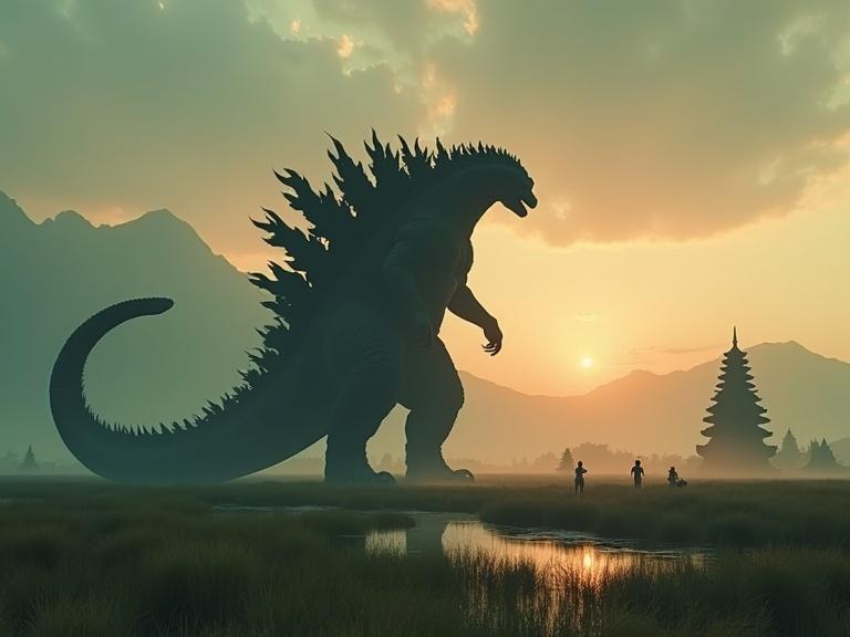 Cinematic scene depicts a massive Godzilla silhouette. Creature stands in a grassy landscape at sunset. People in small boats observe the giant. Background includes mountains and stone temples. Scene captures atmospheric quality.