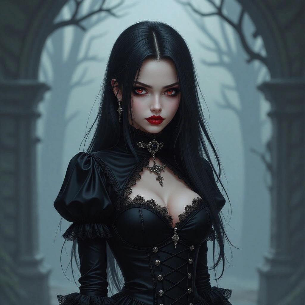 Fierce vampire girl portrays gothic style with pronounced features