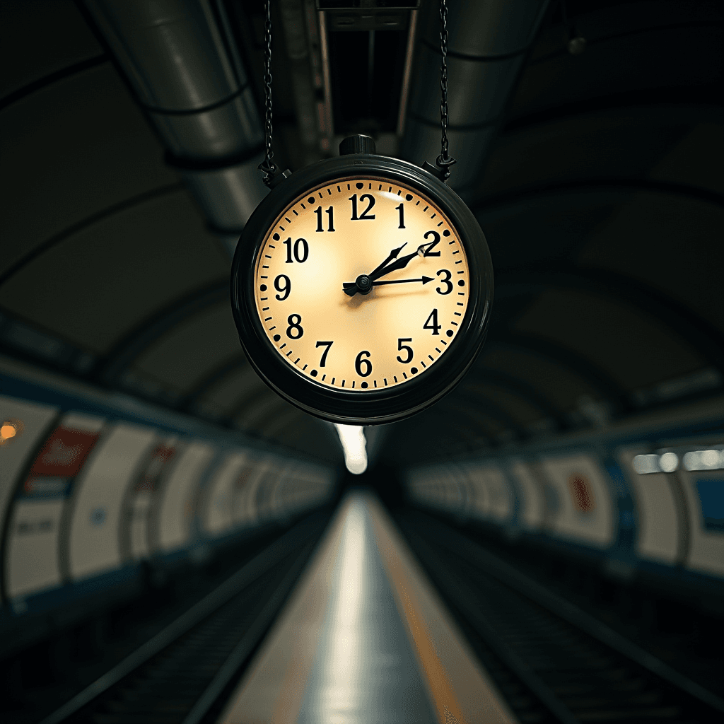 A vintage-style clock hangs prominently in a dimly lit, curved subway station, with tracks disappearing into the distance.