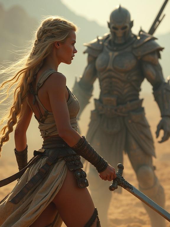 A slim girl with sun-kissed skin fights against a scary monster. She wears light leather armor. Long braided blonde hair billows. Background is post-apocalyptic. Scene has cinematic lighting.