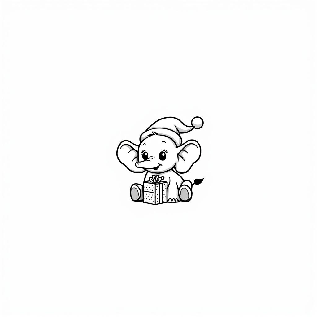 Create black and white line drawing of cartoon-style elephant calf. Elephant wears santa cap. Elephant sits with Christmas present wrapped in front. Large expressive eyes, big floppy ears. Trunk slightly curled up, playful friendly expression. Simplified rounded shapes for body. Include details like small tusks and inner ear lines. Place centrally on page with ample space around. Frame within simple rectangular border.