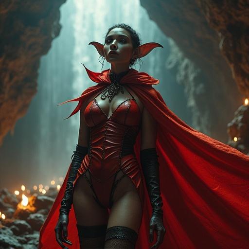 Creative portrait shot of a woman in a cavern illuminated by torches. Upward angle creates impression of looking down. Textured appearance resembling a professional painting. Alien woman has elongated ears and wears a dazzling outfit. Background features a waterfall and dark atmosphere.