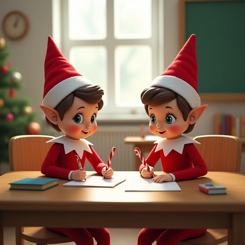 Two elves sit at a wooden table in a classroom writing a note. The elves wear red outfits with pointed hats. One elf holds a candy cane. The note mentions a giant striped lion in the living room. It reveals feelings of fear and a call for help about the lion's presence. The style is cheerful and festive.