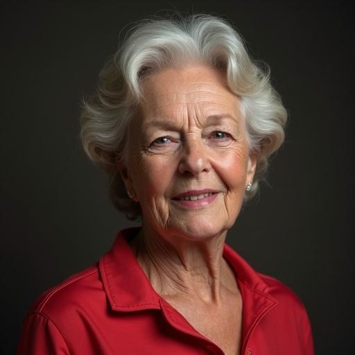 A portrait of a senior woman, approximately 65 years old, looking beautiful and graceful. She has a fuller figure and a warm smile. The focus is on her facial features and expression.