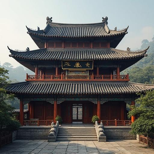 Han dynasty building and ancient city structures. Traditional architecture with ornate details. Surrounded by greenery. Historical significance evident in design.