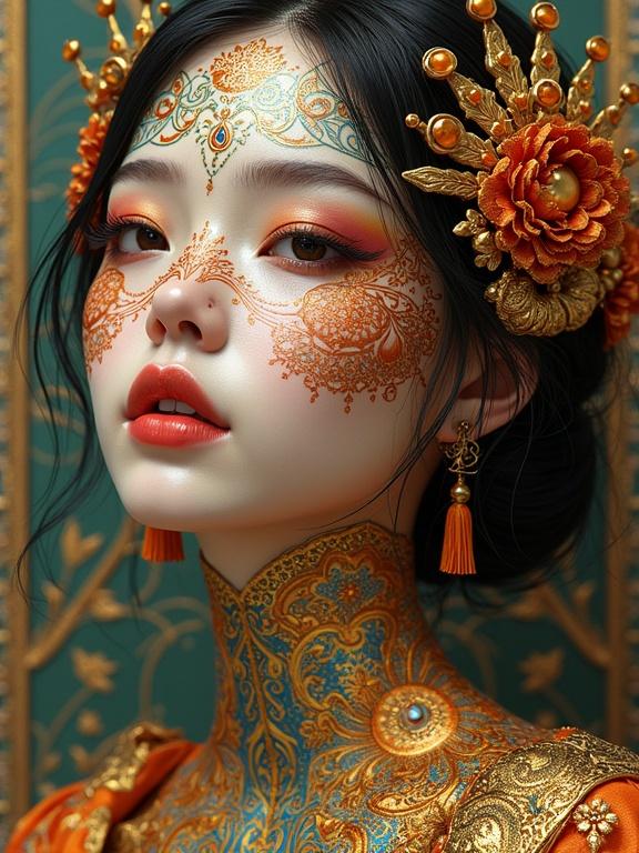 3D shiny body digital artwork blending haberdasherypunk lineartpunk and Bollywoodpunk aesthetics. Features intricate linework reminiscent of Gustav Klimt and Yoshitaka Amano.