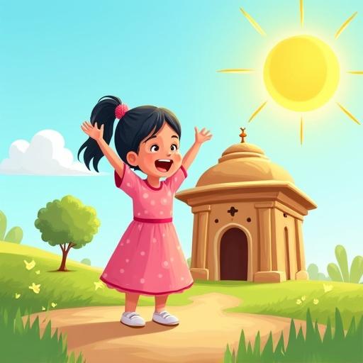A vibrant and colorful cartoon-style children's book cover illustration with an Islamic theme. A young girl stands joyfully in front of a wooden house representing the five pillars of Islam. The house features a round dome and wooden pillars. The girl wears a pink dress with polka dots and raises her arms in celebration. The background is a sunny cartoon landscape with blue skies, fluffy clouds, green grass, and trees. Add subtle Islamic decorative details in a child-friendly style. Include clear space at the top for title placement.