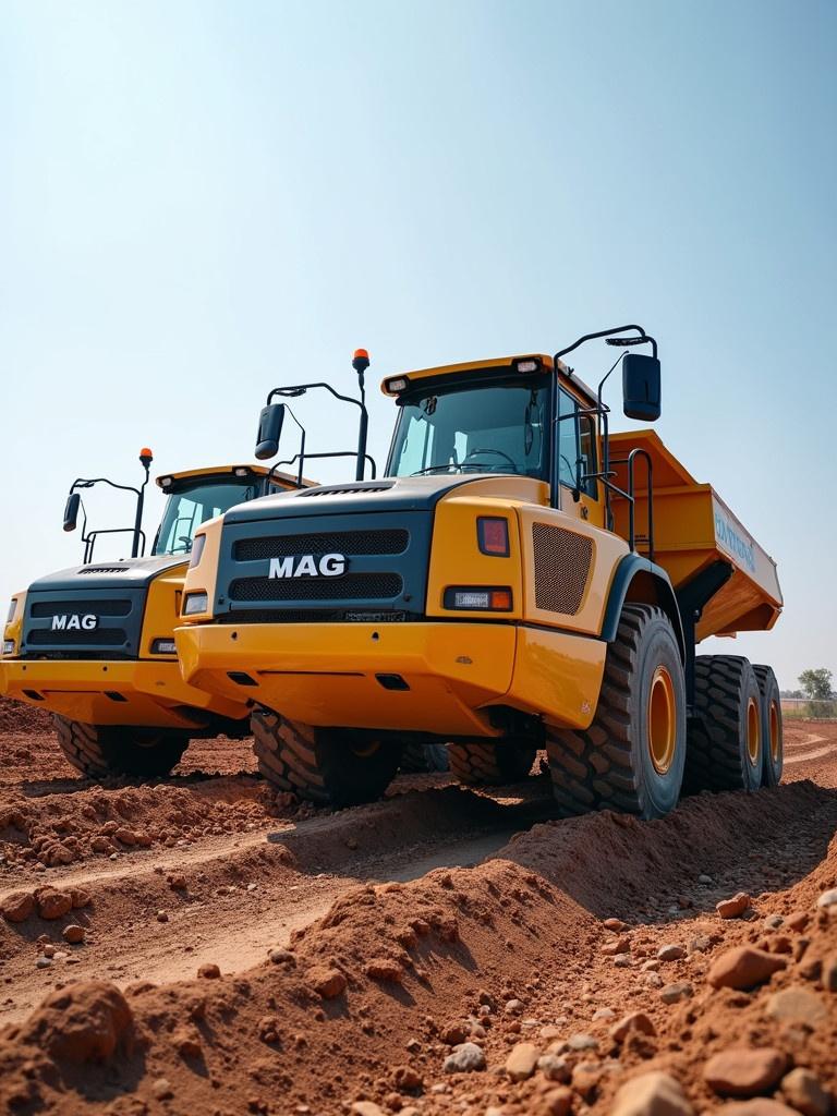 Heavy equipment vehicles are prominent. Dump trucks are labeled MAG UNIFIED. They are positioned on a construction site. The site is prepared for foundation work. The soil is reddish-brown. Trucks are lined up in the frame. Blue sky can be seen in the background. Shiny yellow paint on trucks stands out.