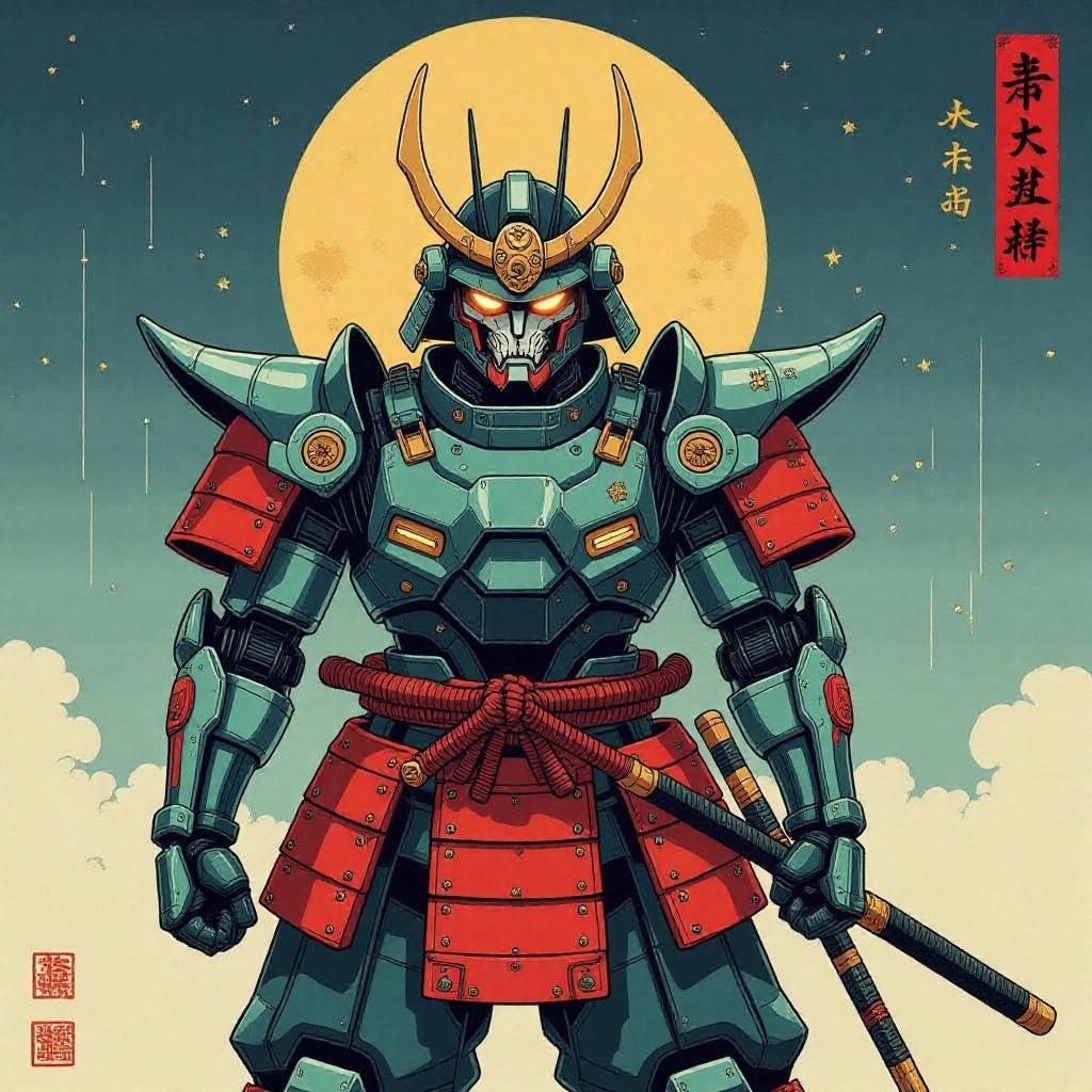 Ukiyo-e painting style features a menacing cybernetic warrior wearing a futuristic armor set. The character stands in a void environment with a large moon in the background.