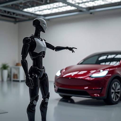 AI model stands in front of a red Tesla pointing at it. The scene is modern and sleek with soft lighting. The robot is detailed and futuristic, emphasizing technology and automation.