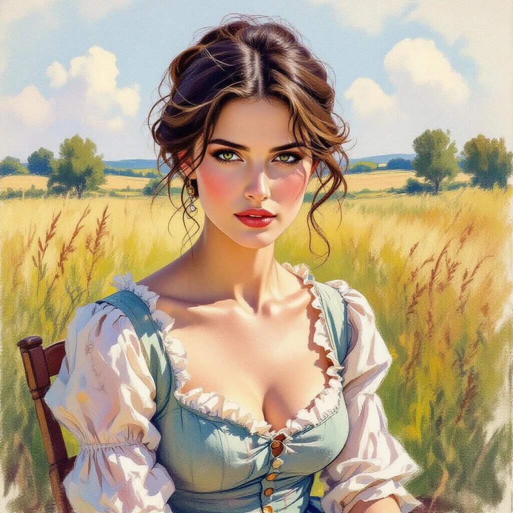 Sketch illustration in oil pastels depicts a country woman dressed in a low-cut dress. Hair pulled back, she sits in a field of wheat. The scene captures a warm countryside with gentle colors. Her magnetic gaze adds to the overall intensity of the artwork.
